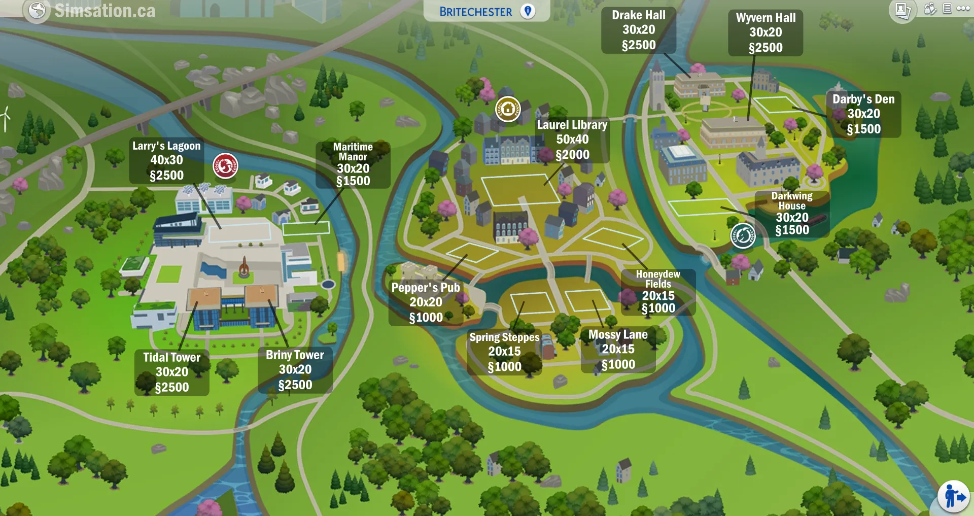 Labelled map of Britechester showing bulldozed lots
